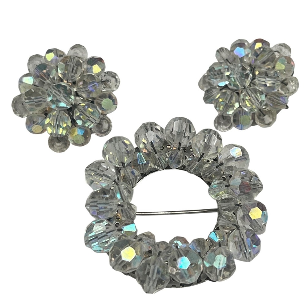 Aurora Borealis Crystal Brooch/Clip Earrings Set 1950s Sparkling Cluster Jewelry